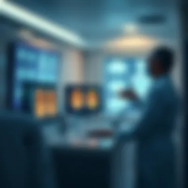 A hospital scene showing a computer analyzing medical scans with a radiologist observing.