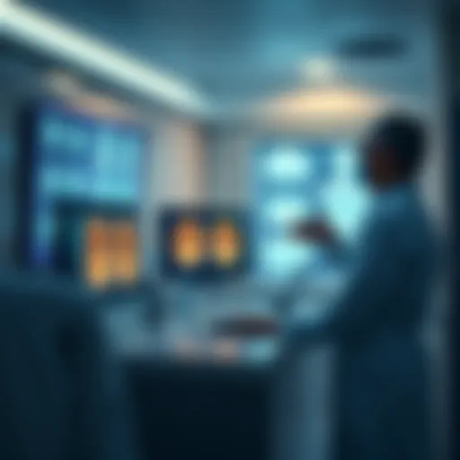 A hospital scene showing a computer analyzing medical scans with a radiologist observing.