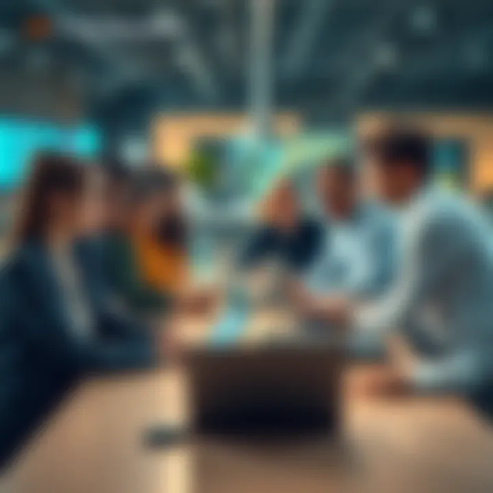 A group of diverse professionals discussing around a table with laptops and AI tools, illustrating the impact of AI on their critical thinking and decision-making skills.