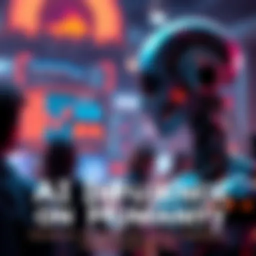 A humanoid robot observing people with digital displays showing data, representing the potential control of a superintelligent AI over human decisions.
