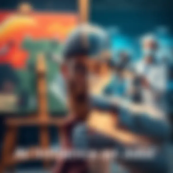 A split image showing an artist painting on one side and a doctor examining a patient on the other, highlighting AI's impact on both fields.