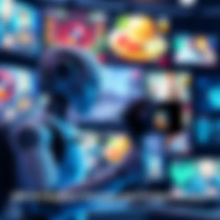 AI Influencer Creating Content A digital humanoid figure representing an AI influencer filming a vlog with a camera, surrounded by a backdrop of various digital screens displaying gaming and food review content.