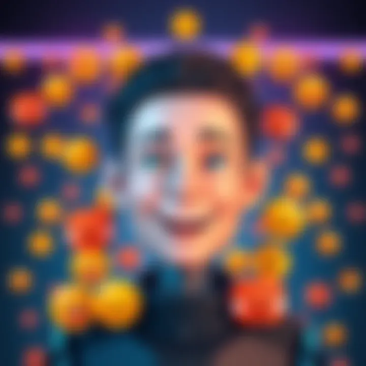 A digital avatar with a playful expression, surrounded by emojis, representing charm and humor in social media.