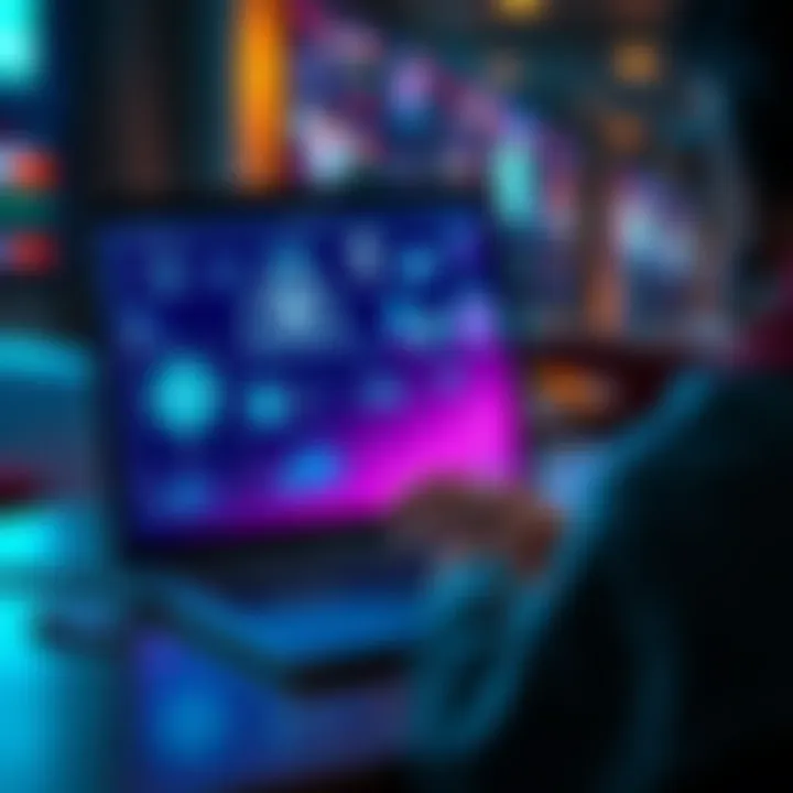 A person using a laptop with graphics representing software, applications, and games created with AI tools displayed on the screen.