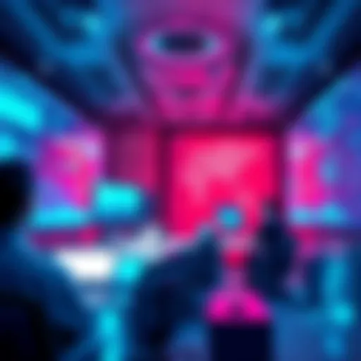 A futuristic office with people using advanced AI technology, featuring screens displaying data and AI tools.