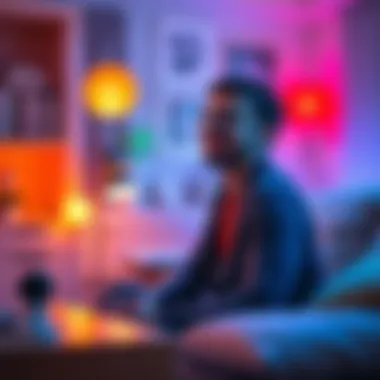 A cozy home with smart devices, showcasing a voice assistant, smart lights, and a person enjoying a seamless experience with technology.
