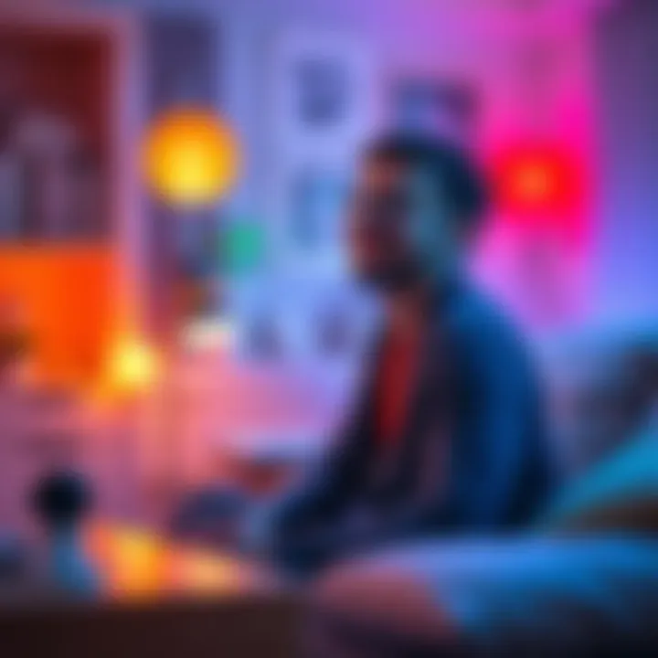 A cozy home with smart devices, showcasing a voice assistant, smart lights, and a person enjoying a seamless experience with technology.