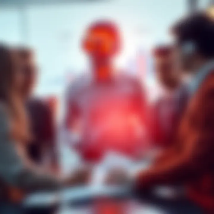 AI Integration in Business A business team discusses AI strategies, showing charts and notes, highlighting challenges in trust and governance.