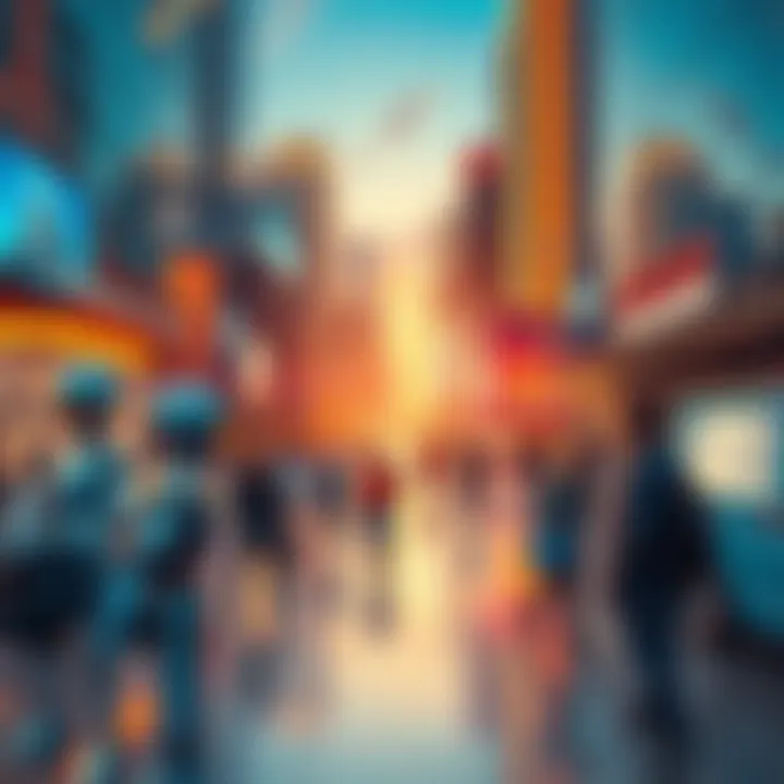 A modern cityscape showing people interacting with AI technologies like robots and smart devices.