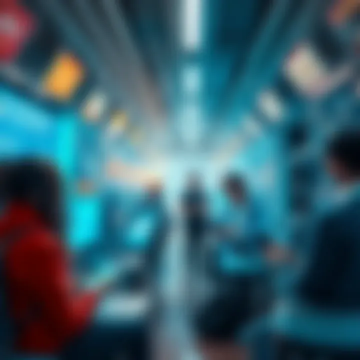A futuristic scene showing people using AI technology in everyday situations, like smart devices and digital assistants, highlighting its acceptance in society.