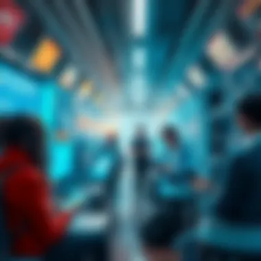 AI integration in daily life A futuristic scene showing people using AI technology in everyday situations, like smart devices and digital assistants, highlighting its acceptance in society.