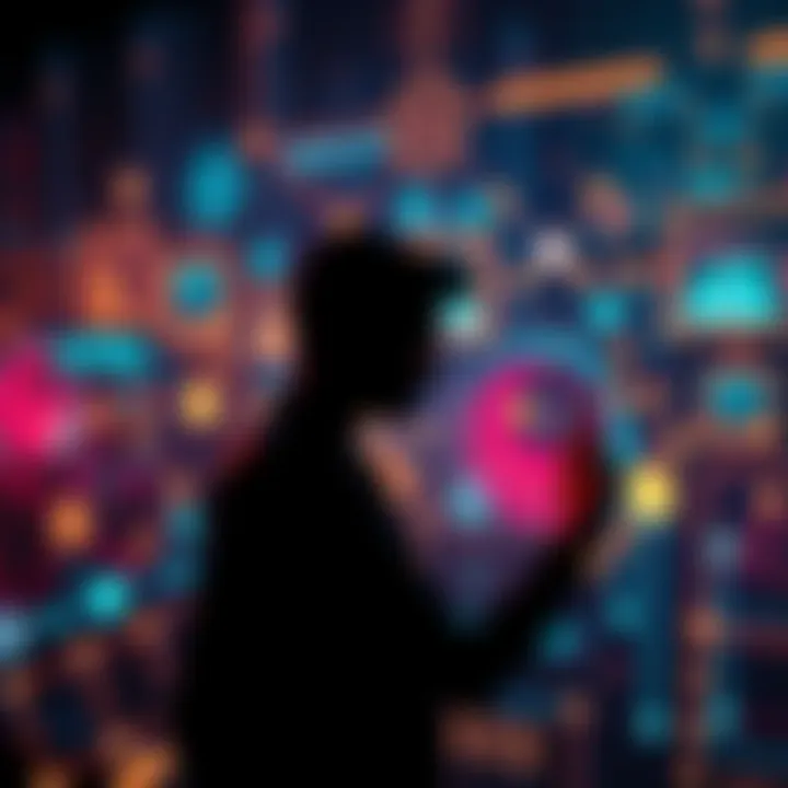 A representation of AI connections, featuring a human silhouette engaging with digital elements symbolizing memories and personalities.