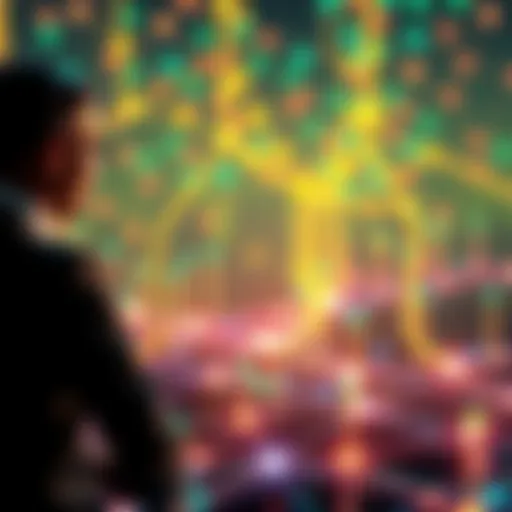 A visual representation of AI technology connecting people like the early internet, showcasing vibrant connections and digital activity.