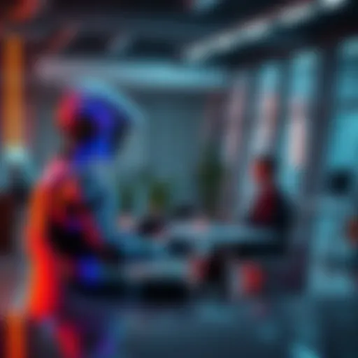 An AI voice agent conducting a job interview with a candidate in an office setting.