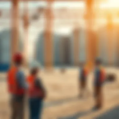 A construction site showing empty spaces and workers in hard hats discussing labor shortages due to AI investment demands.