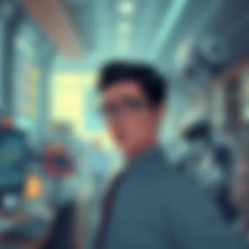 Illustration showing a person looking worried as robots and AI technology surround workplaces, symbolizing job displacement due to AI advancements.