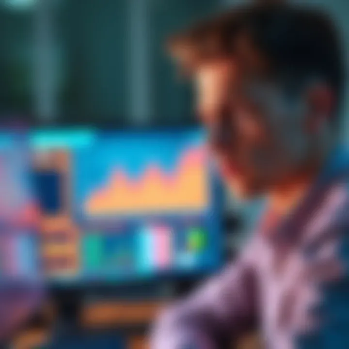 A worried young professional looking at a computer screen showing a graph of job cuts, symbolizing the impact of AI on employment.