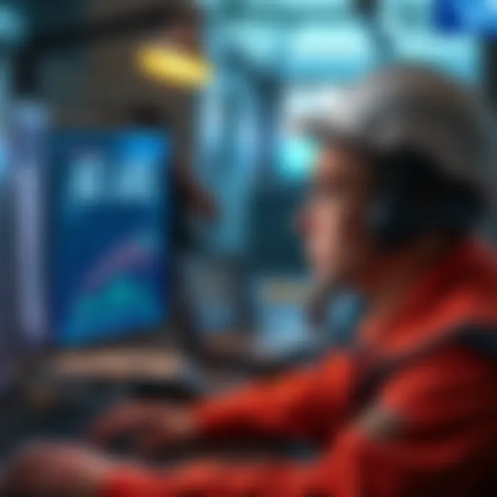 A worried worker looking at a computer screen displaying job losses due to AI technology