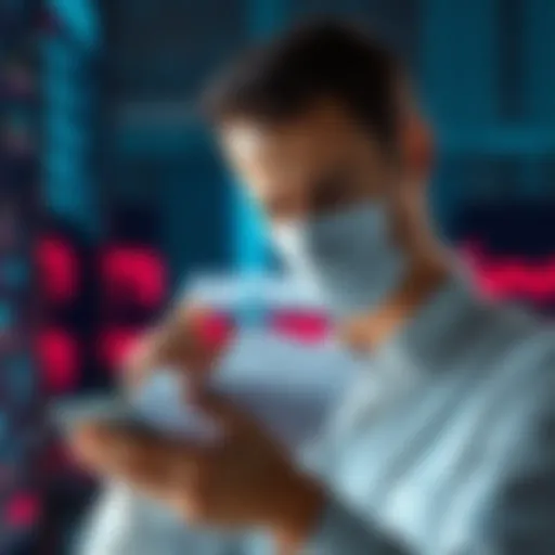 A worried employee looking at a job loss notice with technology in the background