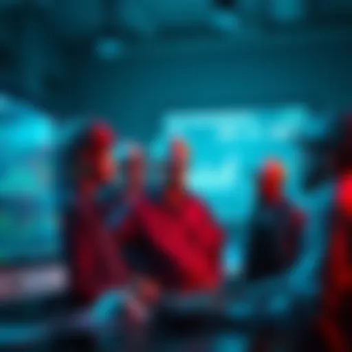 A worried group of workers looking at a computer showing AI statistics related to job losses