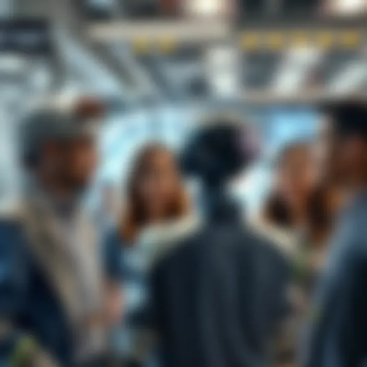 A diverse group of workers discussing how AI is changing their industries, with a futuristic office setting in the background.
