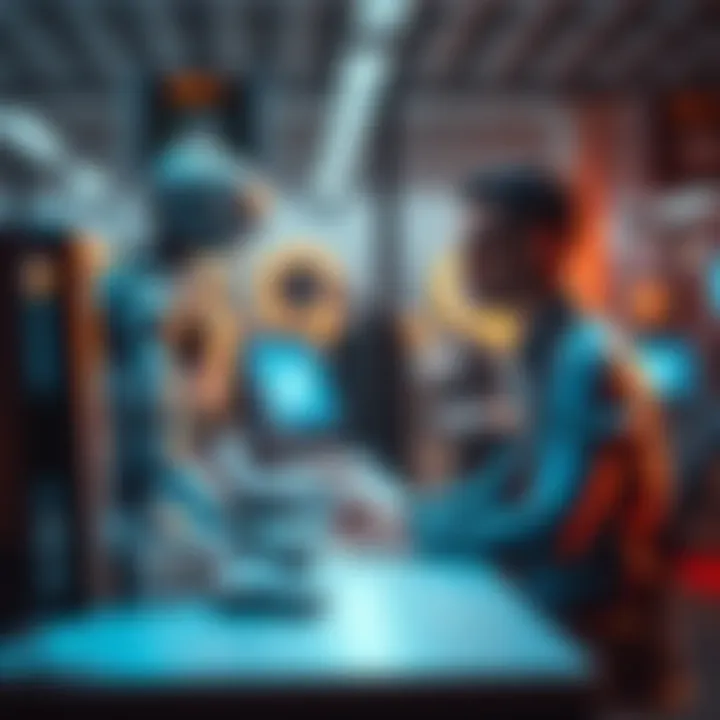 An office scene showing a robot working at a desk alongside a human employee, illustrating the impact of AI on jobs.