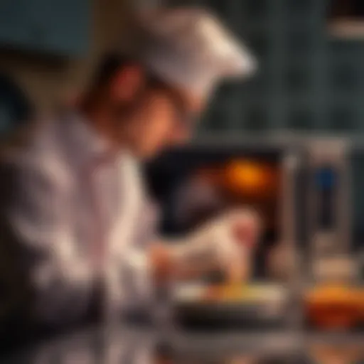 A chef using a microwave while preparing a dish, illustrating the role of AI as a helpful tool in cooking