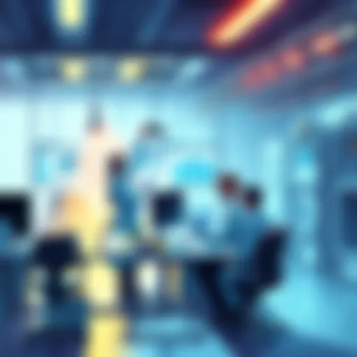 An illustration showing scientists and engineers at work in an AI lab, collaborating to develop solutions for climate change and renewable energy.