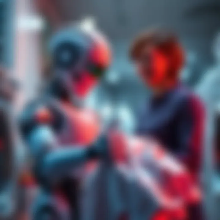 A robot folding laundry while a person watches with a smile