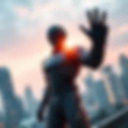 A powerful figure standing in front of a futuristic city skyline, symbolizing the rise of AI leadership in technology.