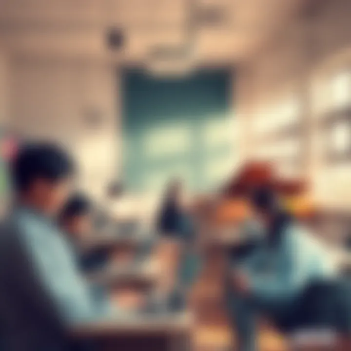 A bright classroom scene where people are using AI tools to learn drawing and playing piano, with some engaged in physical therapy exercises.