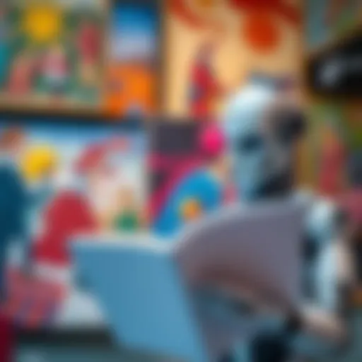 A robot reading an art textbook with colorful paintings in the background