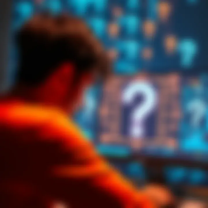 A person pondering over a computer screen displaying AI graphics with question marks floating around.