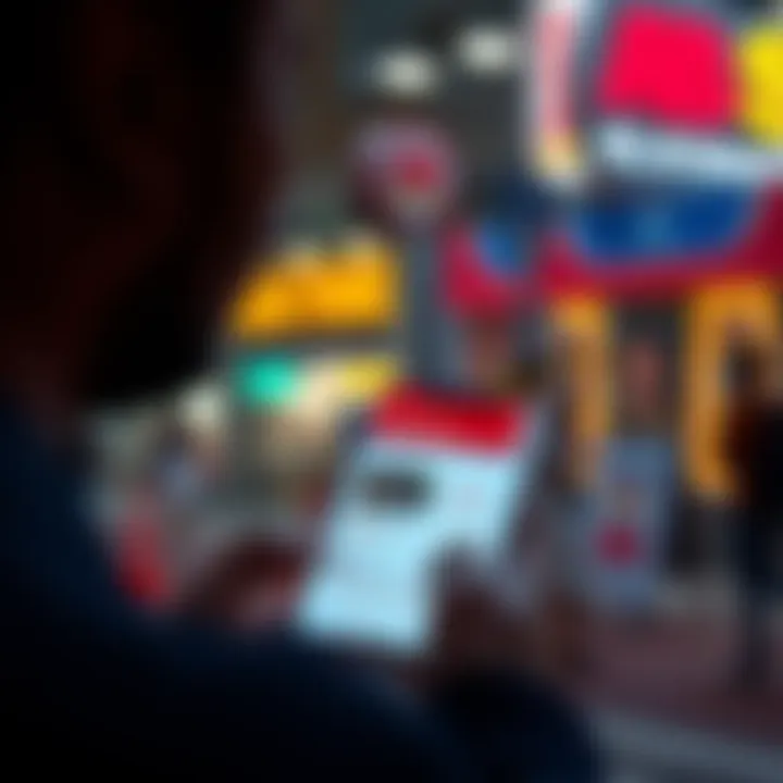 A person looking at a smartphone displaying business recommendations, including a closed business and one with poor reviews.