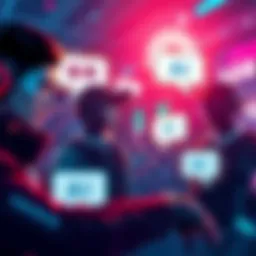 A graphic showing game characters with dialogue boxes and AI symbols, representing AI-assisted localization in video games.