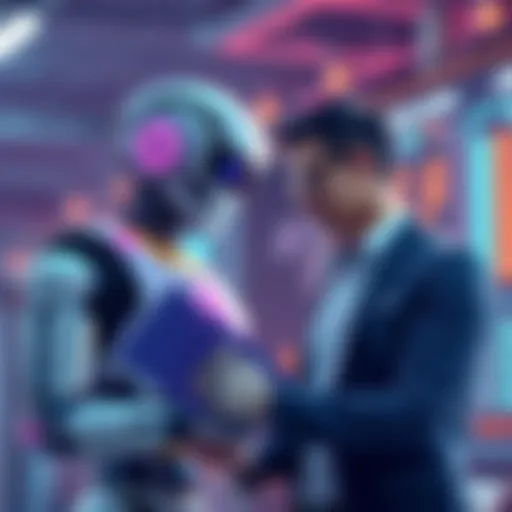 A digital illustration showing a robot and a business manager working together, analyzing data and making decisions.