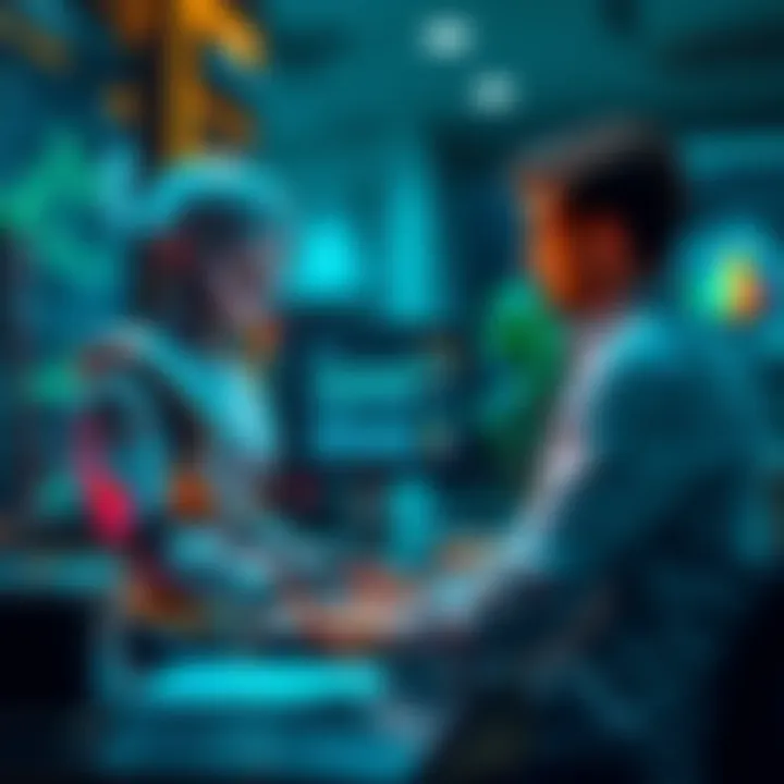 A robot assisting a person with financial decisions at a bank desk, showing charts on a screen.