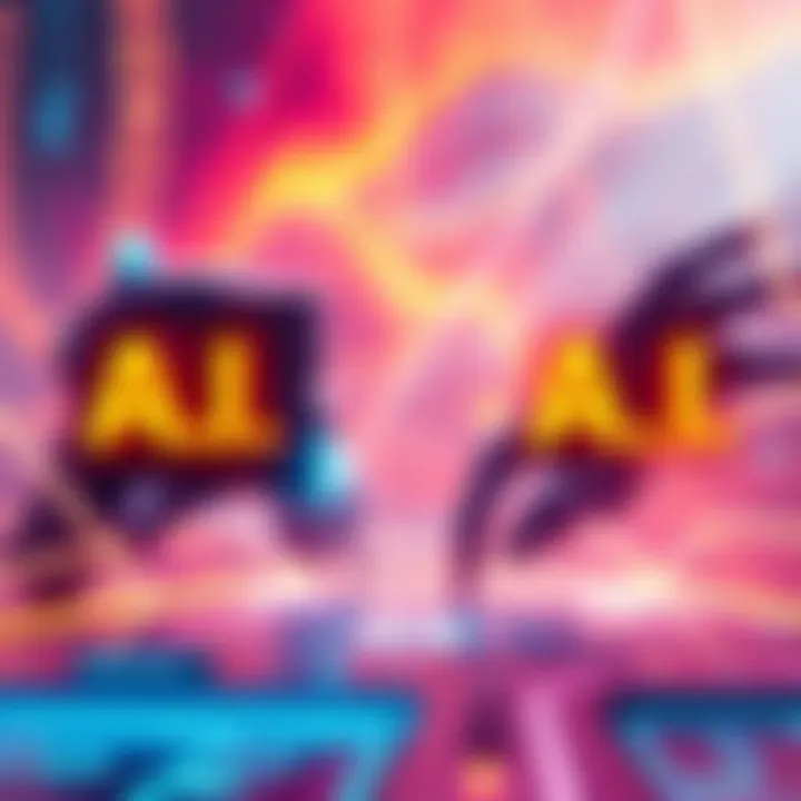 A futuristic marketing ad showcasing A.I. as a solution, featuring tech elements and bold text promoting A.I. against itself, set in a vibrant digital landscape.