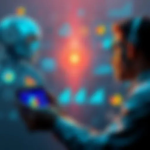 A graphic showing contrasting views on AI job losses and technology advancements, with a worried person looking at charts and data, surrounded by AI-related icons.