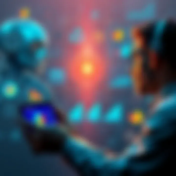 A graphic showing contrasting views on AI job losses and technology advancements, with a worried person looking at charts and data, surrounded by AI-related icons.