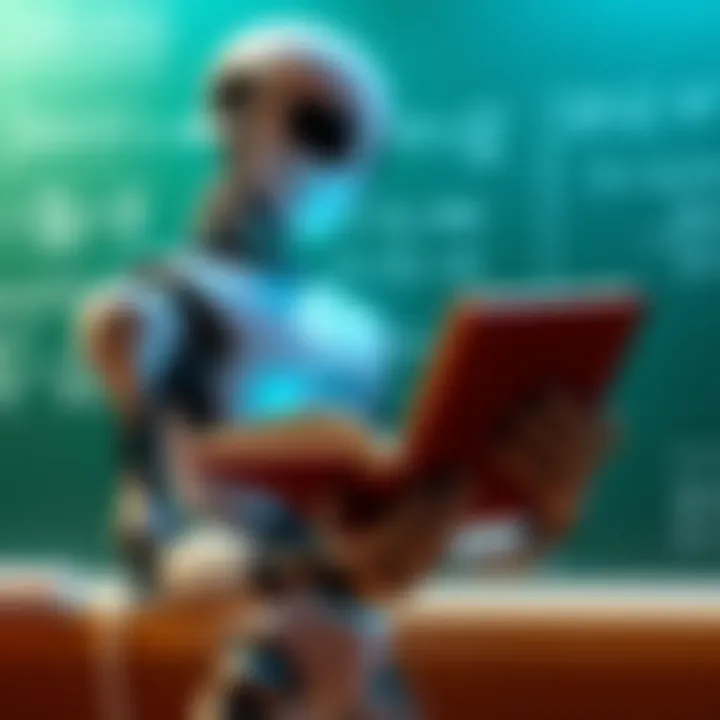 AI and Mathematics A robot holding a math book while solving equations on a chalkboard, representing the future of mathematics in the age of AI.