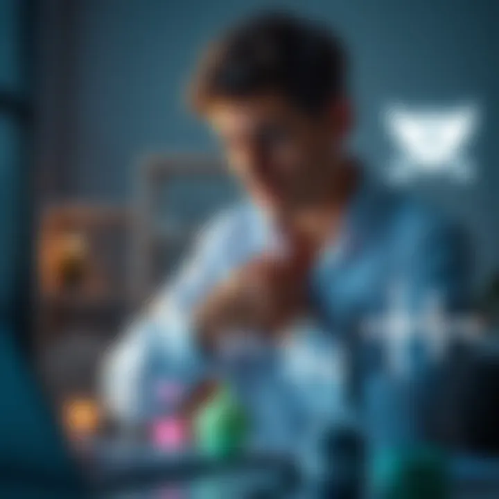 A worried person holding their chest, looking at a laptop with medical symbols, indicating doubts about AI health advice.