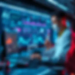 A scientist using a computer with AI software to analyze medical data and research