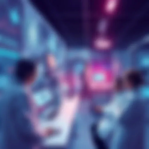 A futuristic scene showing AI technology assisting doctors and psychologists in a clinic, with digital displays and patient interactions.