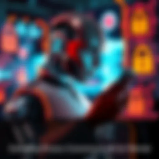 A person talking to an AI chatbot on a phone, discussing mental health concerns, with visual elements representing privacy issues like locks and data symbols.