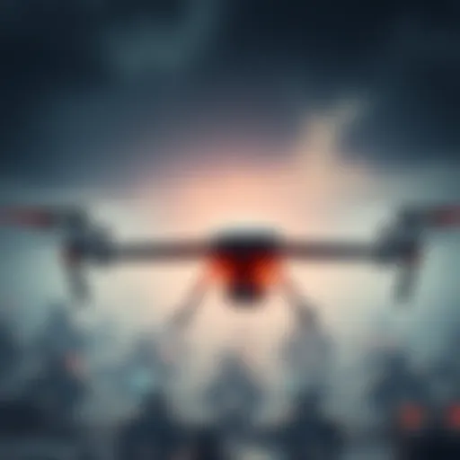 A military drone equipped with AI technology surveils a battlefield, showcasing the role of artificial intelligence in modern warfare.