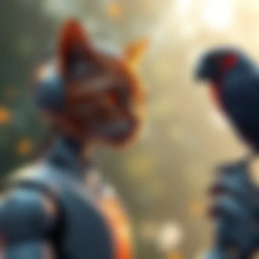 An illustration showing a robot observing and mimicking the instincts of animals, with a focus on a cat and a bird, to highlight AI alignment strategies.