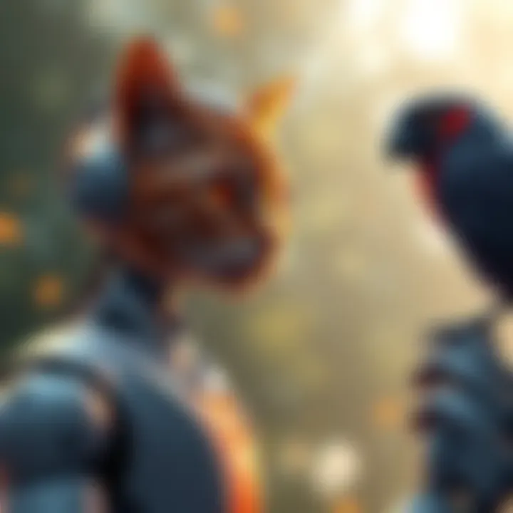 An illustration showing a robot observing and mimicking the instincts of animals, with a focus on a cat and a bird, to highlight AI alignment strategies.