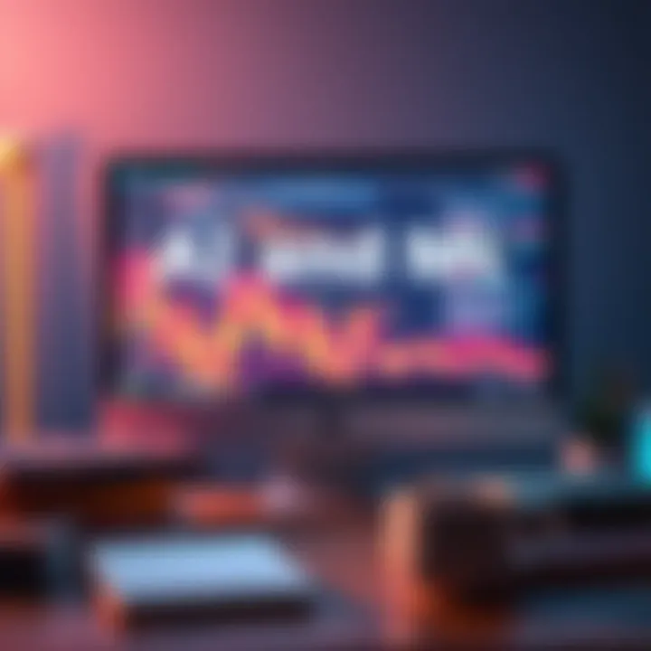 A graphic showing a computer screen displaying coding and AI concepts, with books and a coffee cup nearby, symbolizing learning in AI and machine learning.