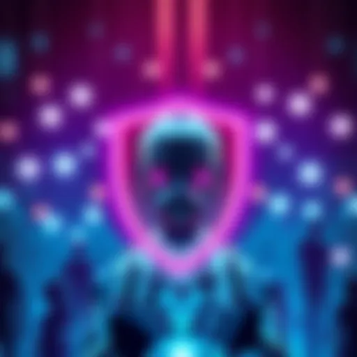 A digital illustration of an AI model depicted as a friendly robot, surrounded by a shield symbolizing privacy, with glowing lines connecting to people, indicating seamless interactions.